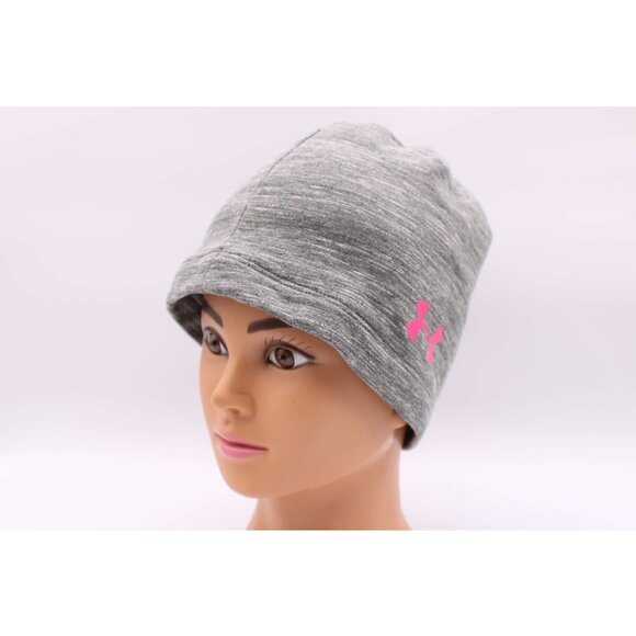 Under Armour Beanie Hat OSFA Gray Pink Logo Cold Gear Knit Stretch Cotton Womens - Picture 3 of 9